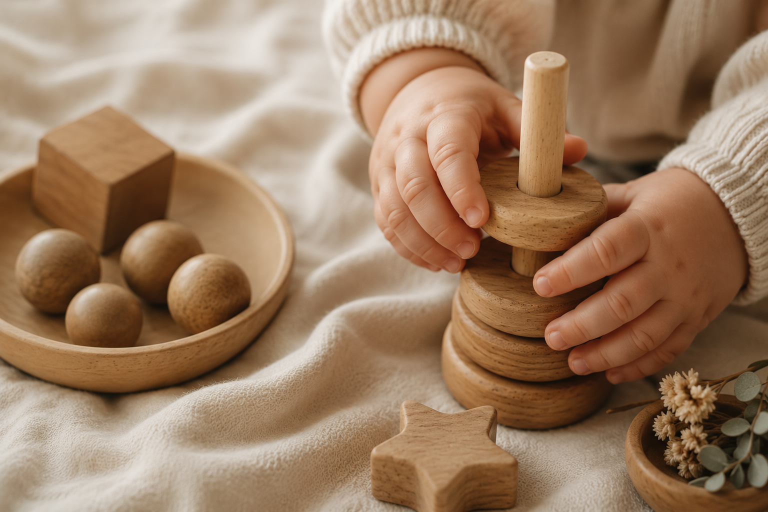 Toddler playing with open-ended wooden toys and imaginative play materials